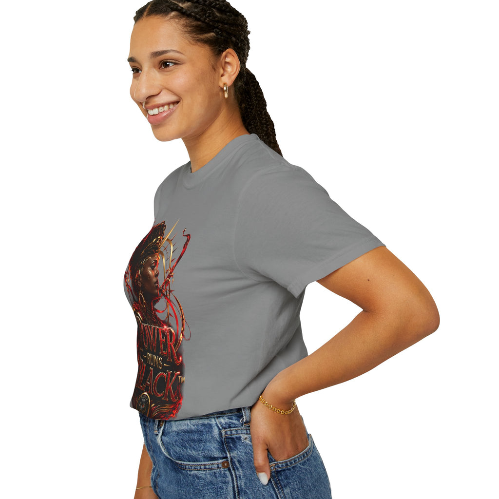 Power Runs Black T-Shirt — Afrocentric Crowned Goddess Graphic Tee by Printify