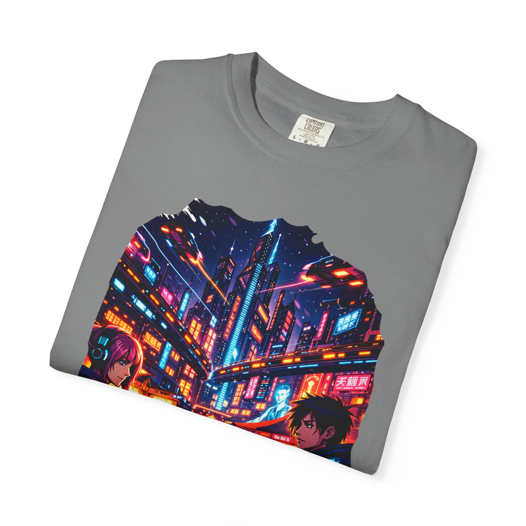 PRB Neon Cyberpunk Cityscape T-shirt | Anime Night Rain Streets by Power Runs Black