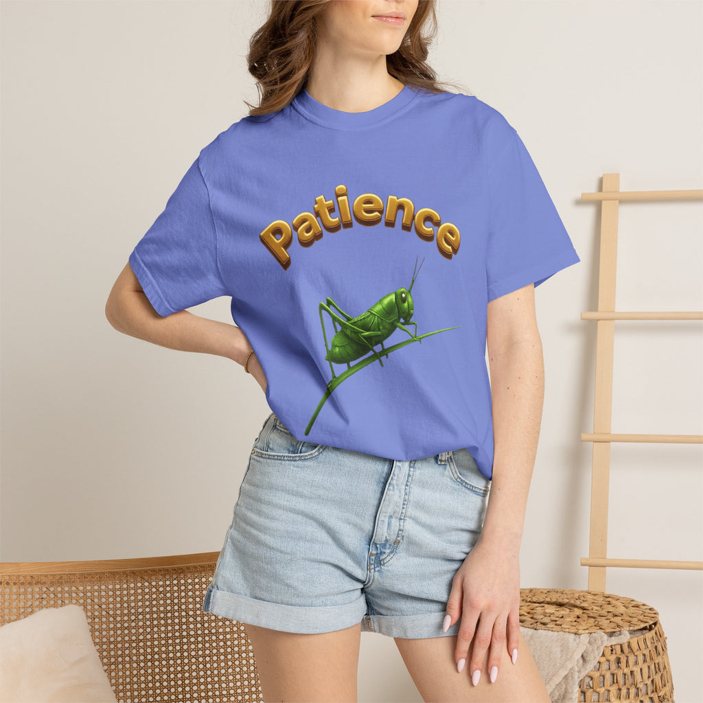 PRB Patience Grasshopper T-shirt | Green Grasshopper Illustration, Positive Quote by Printify