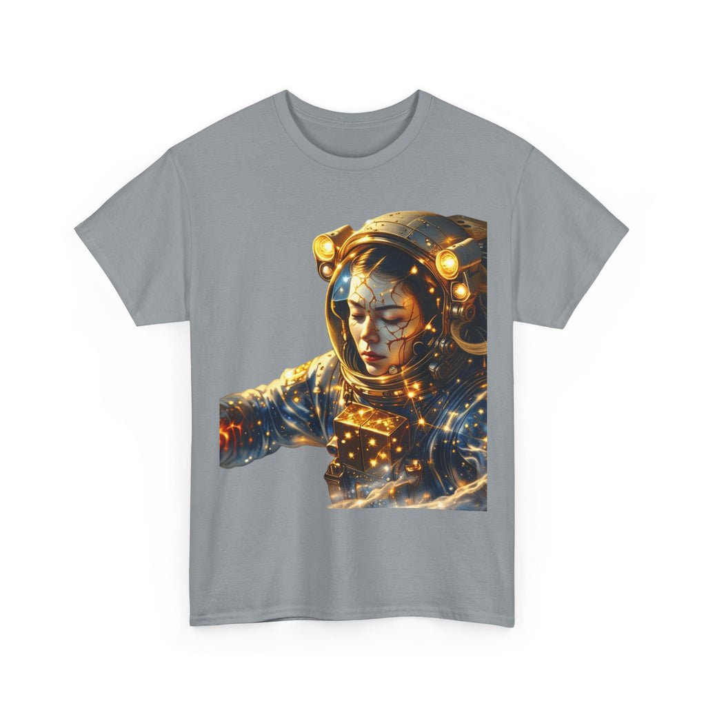 PRB Golden Astronaut Portrait T-Shirt | Space Helmet Art, Cosmic Lights by Power Runs Black