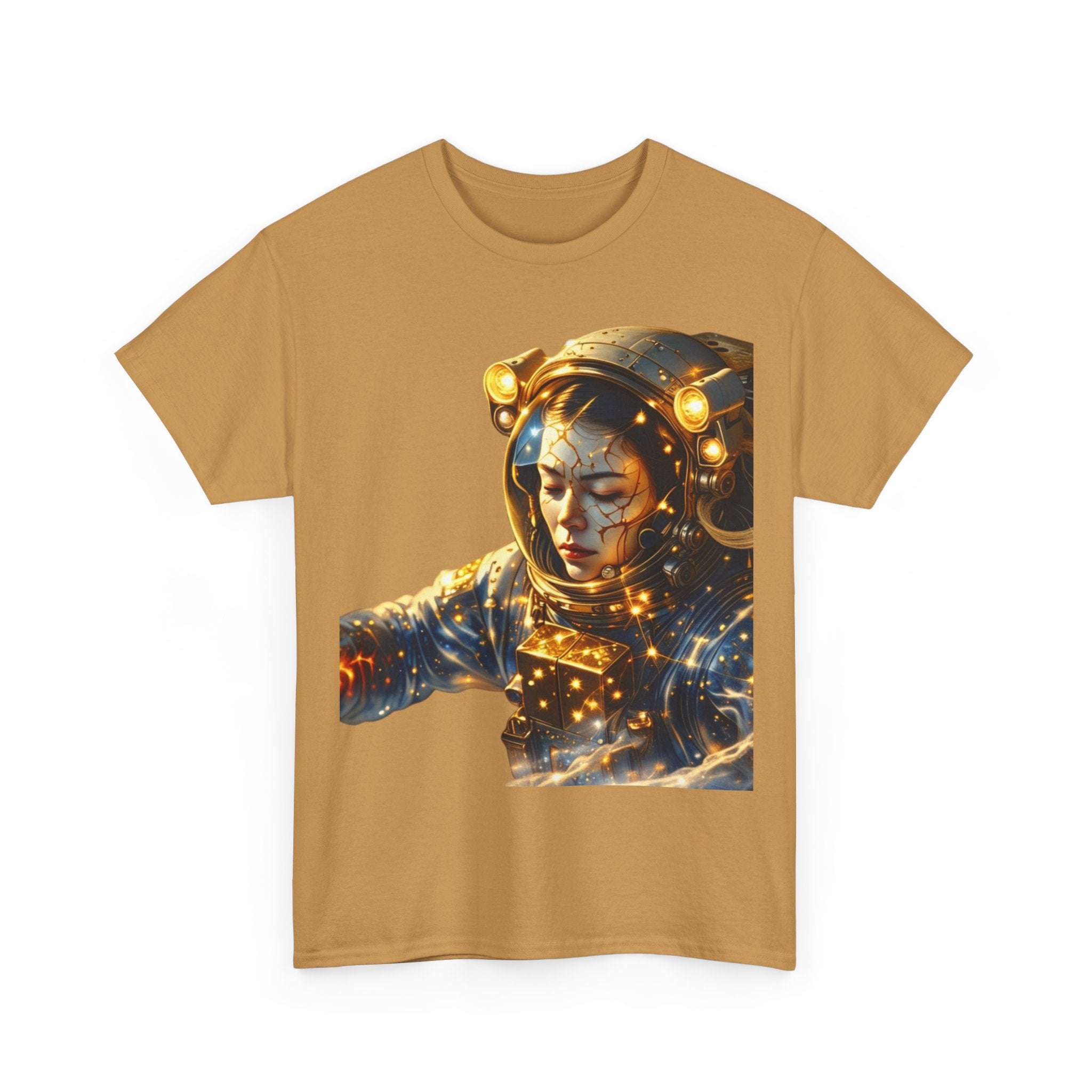 PRB Golden Astronaut Portrait T-Shirt | Space Helmet Art, Cosmic Lights by Power Runs Black