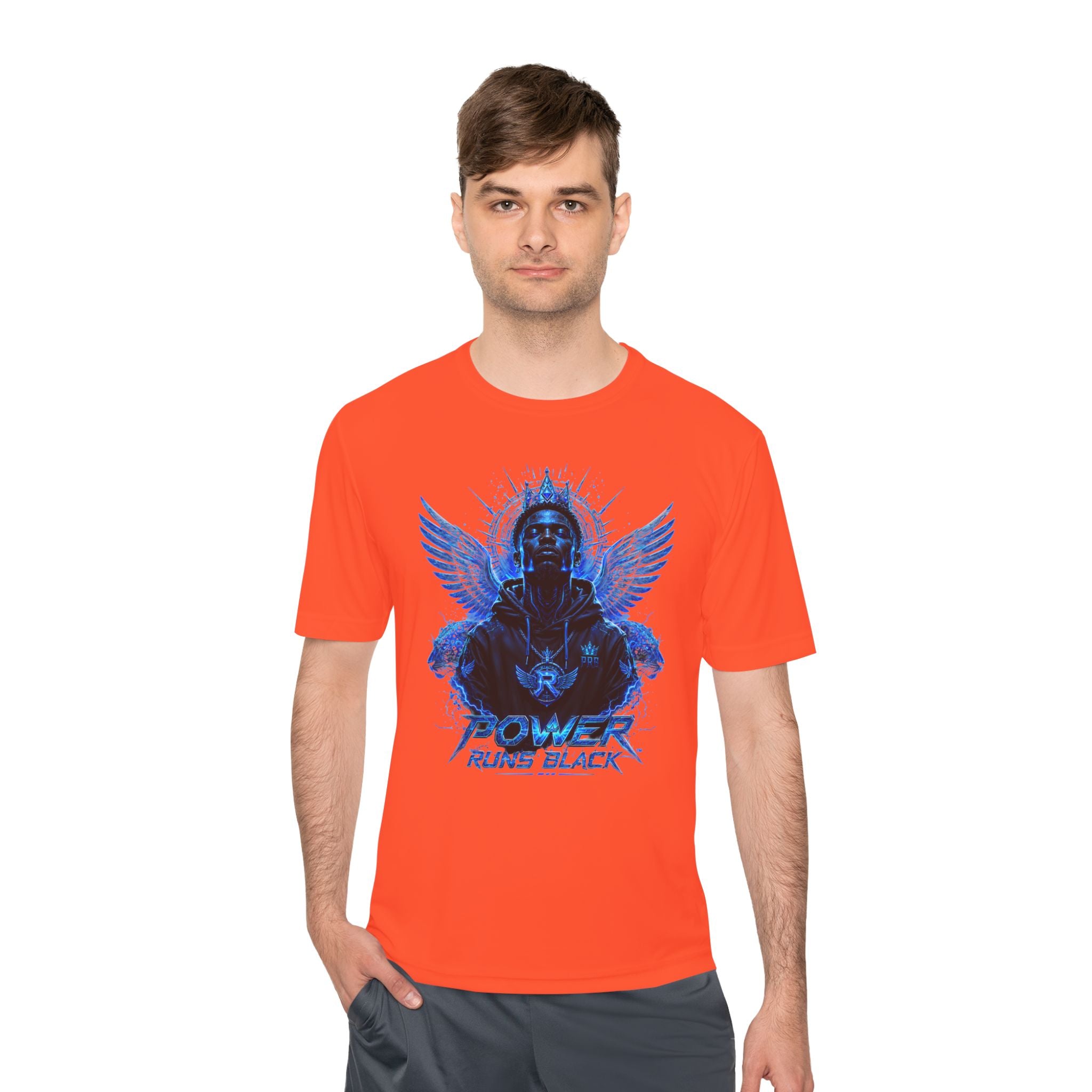 Power Runs Black graphic Tee | Blue angel wings, armored figure, bold script by Power Runs Black