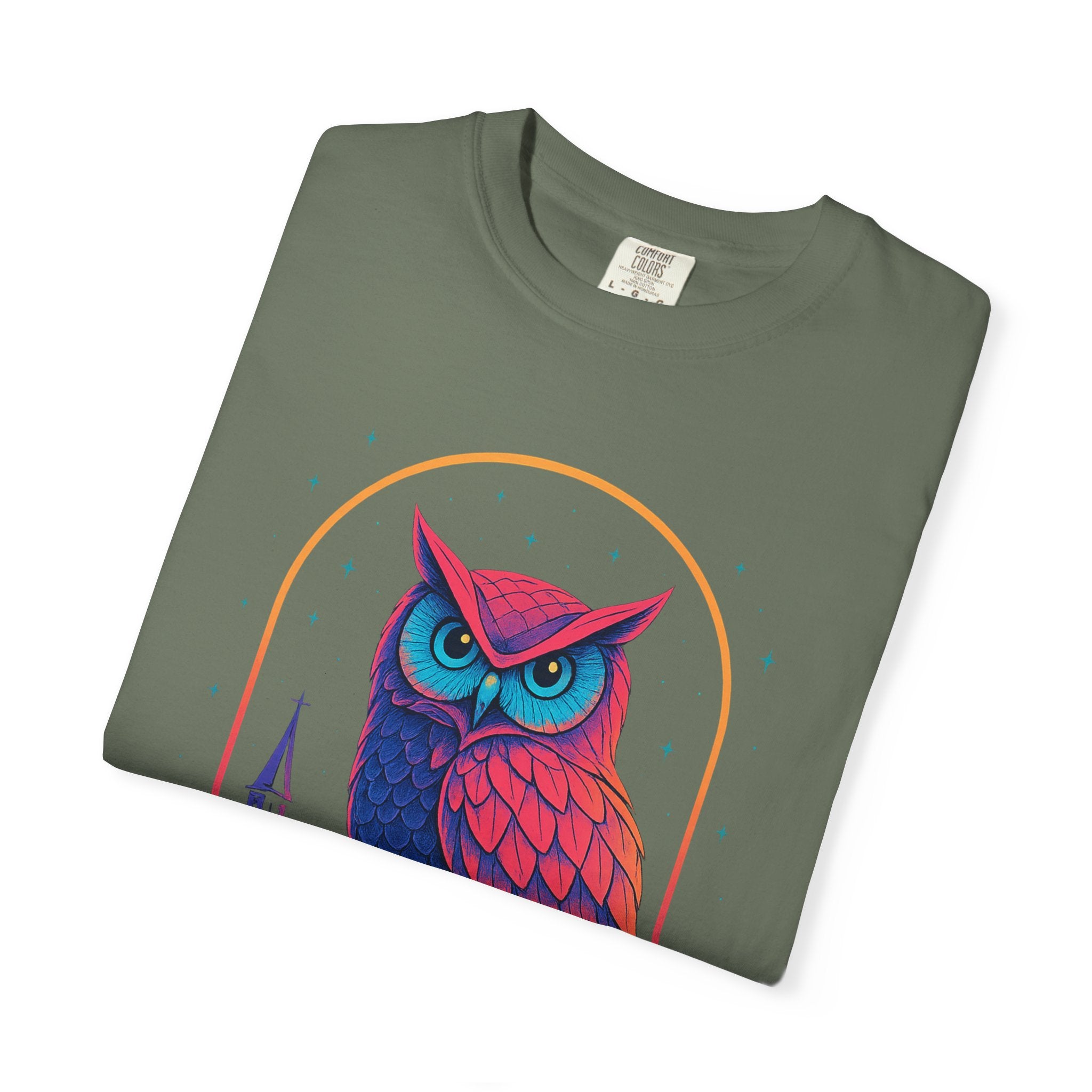 Neon Owl Illustration T-Shirt | Night Church Graphic Tee by Printify