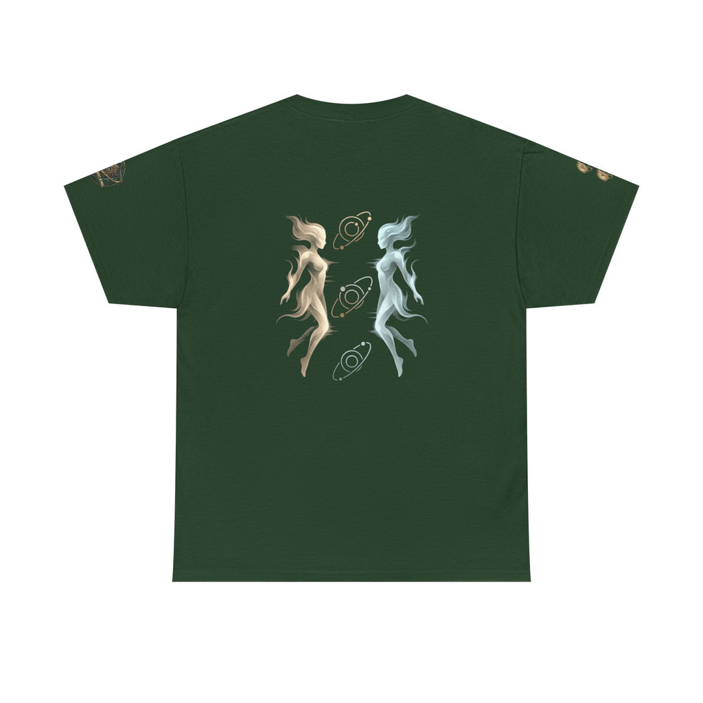 Power Runs Black Gemini Spirit Tee — Twin Sun & Moon Celestial Graphic T-Shirt by Printify