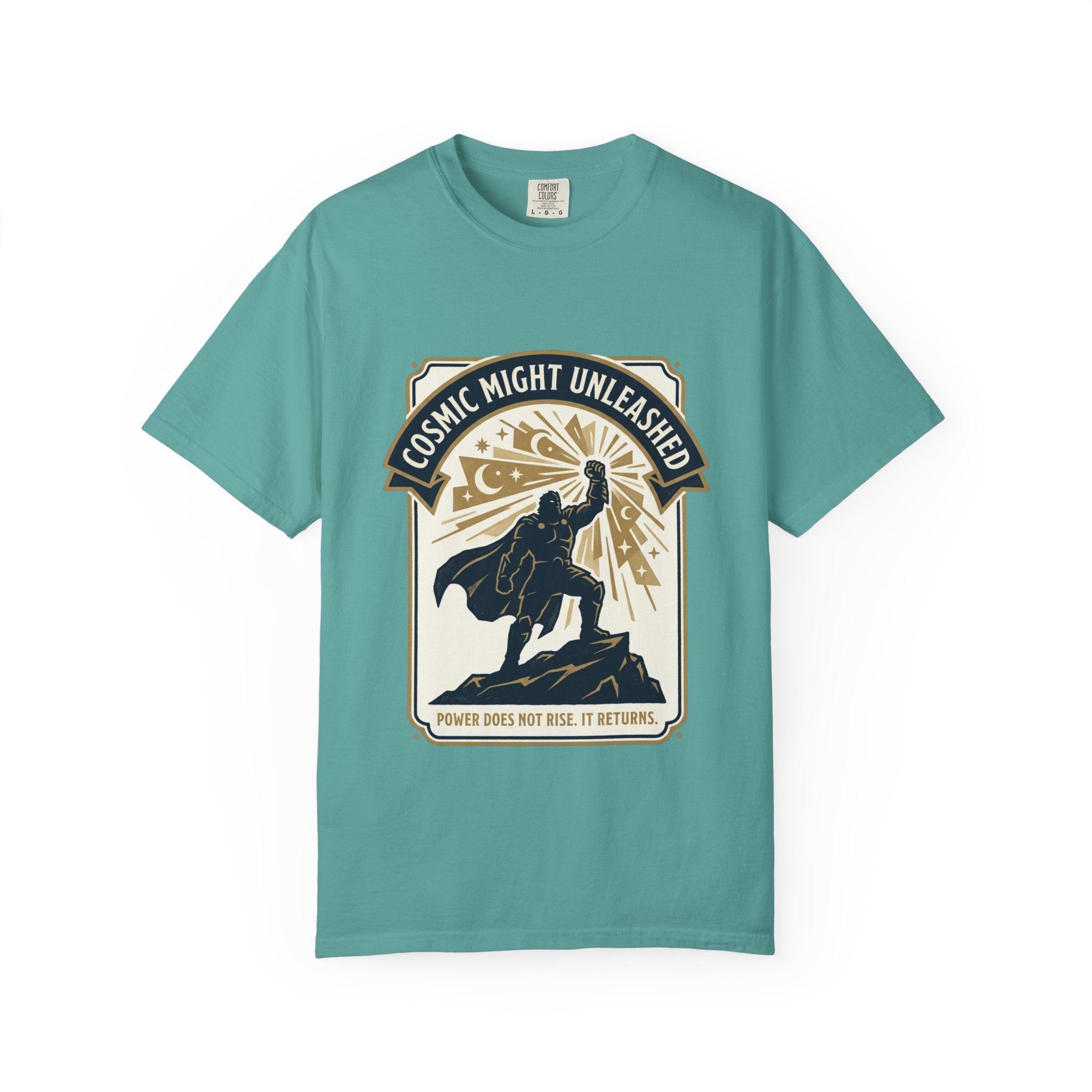 PRB Starforged Flex Cosmic Might Unleashed T-Shirt — Retro Superhero Space Graphic ('Power Does Not Rise, It Returns') by Power Runs Black