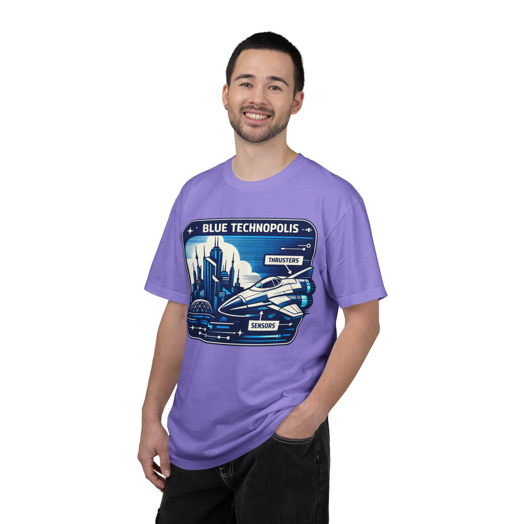 Power Runs Black PRB Technopolis Spacecraft T-Shirt — Blue Technopolis Retro Sci‑Fi Tee by Printify