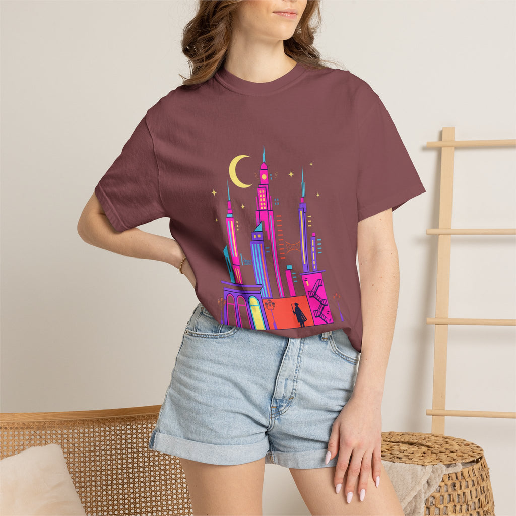 Power Runs Black PRB Neon City Skyline T-shirt | Vibrant Urban Nightscape Tee by Printify