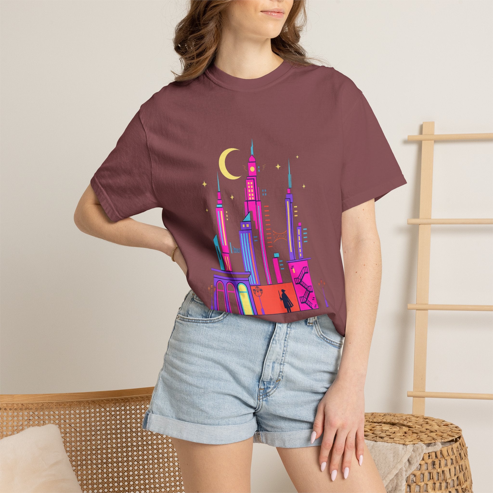 Power Runs Black PRB Neon City Skyline T-shirt | Vibrant Urban Nightscape Tee by Printify
