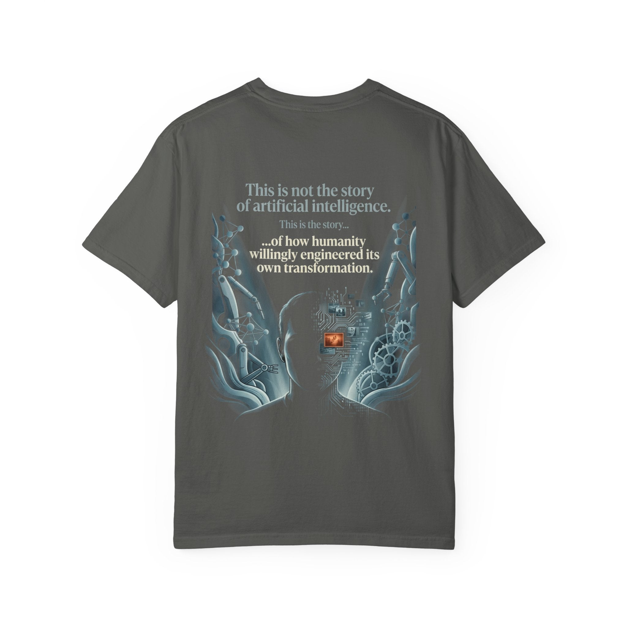 Power Runs Black AI Fusion Graphic T-Shirt — "The Core Age" Split Face Design by Power Runs Black