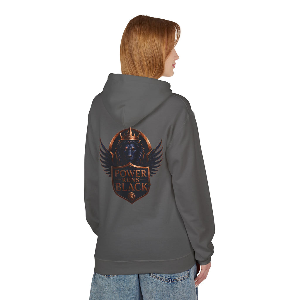 Power Runs Black crest hoodie | medieval shield with lions and wings by Power Runs Black