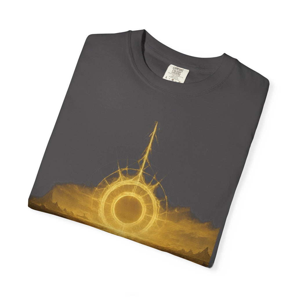 Power Runs Black PRB Golden Eclipse Portal T-shirt | Fantasy Landscape, Mystic Ring, Tower Art by Power Runs Black