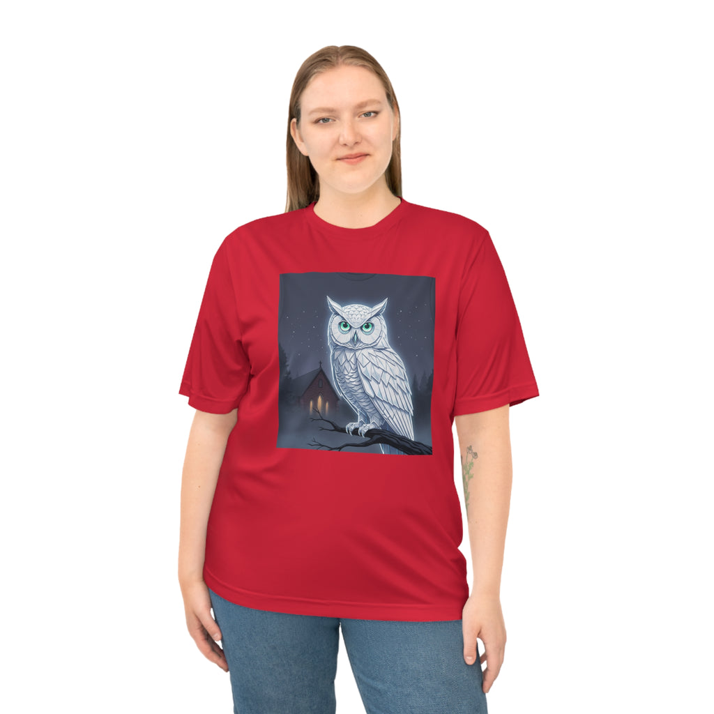 PRB White Snowy Owl Illustration T-shirt | Moonlit Night, Cabin Scene by Printify