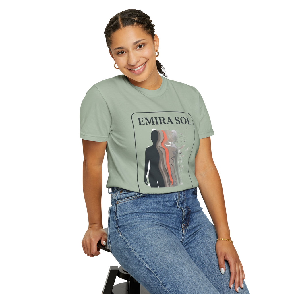 Power Runs Black PRB Emira Sol Graphic T-Shirt — Silhouette Art "Release Shadows" Tee by Printify