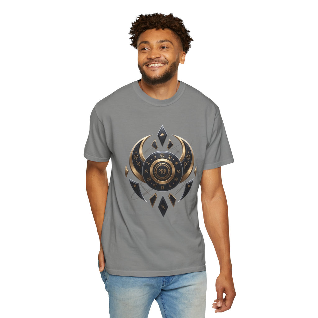 Power Runs Black Mystic Compass Disc T-Shirt — Geometric Gold & Black Emblem Tee by Printify