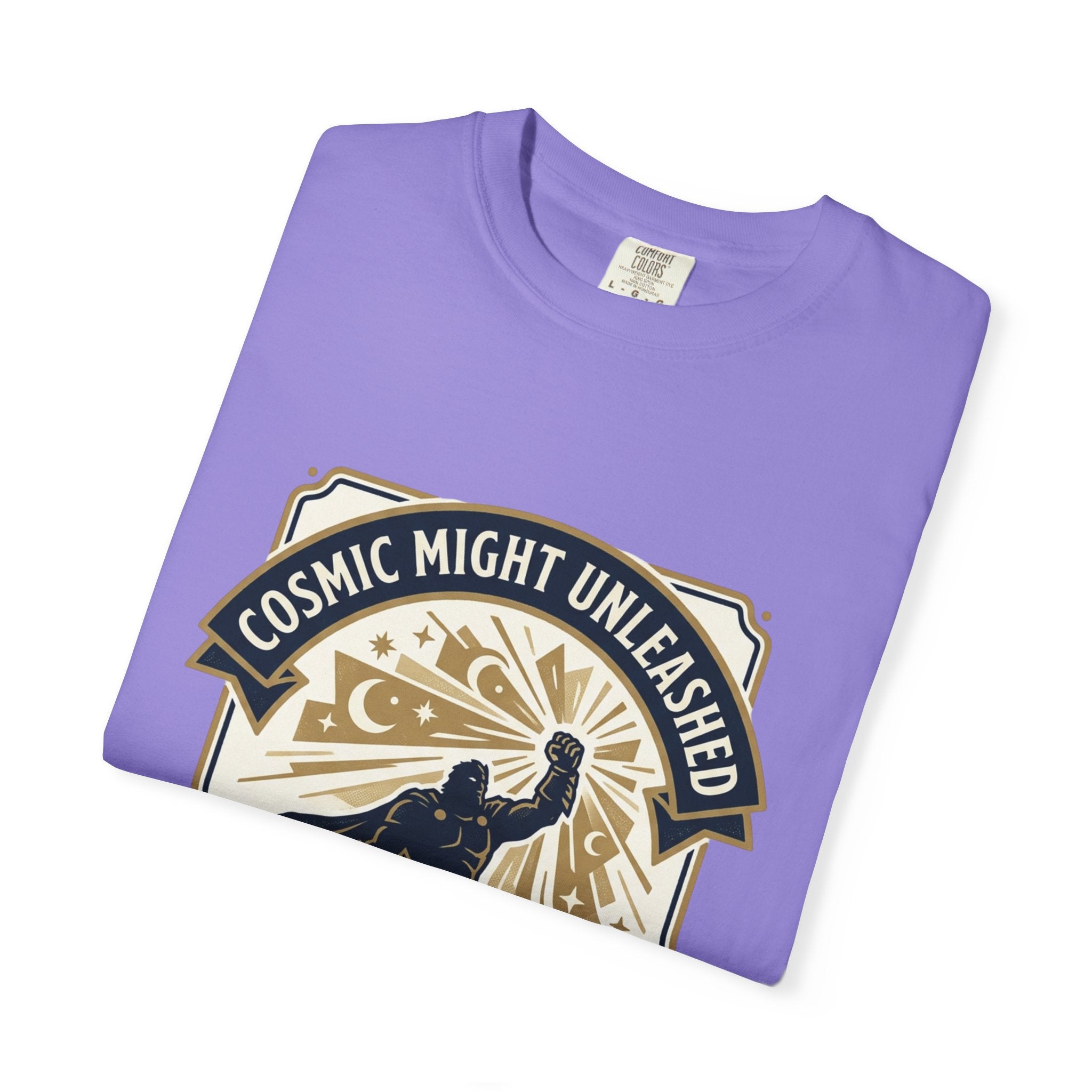 PRB Starforged Flex Cosmic Might Unleashed T-Shirt — Retro Superhero Space Graphic ('Power Does Not Rise, It Returns') by Power Runs Black