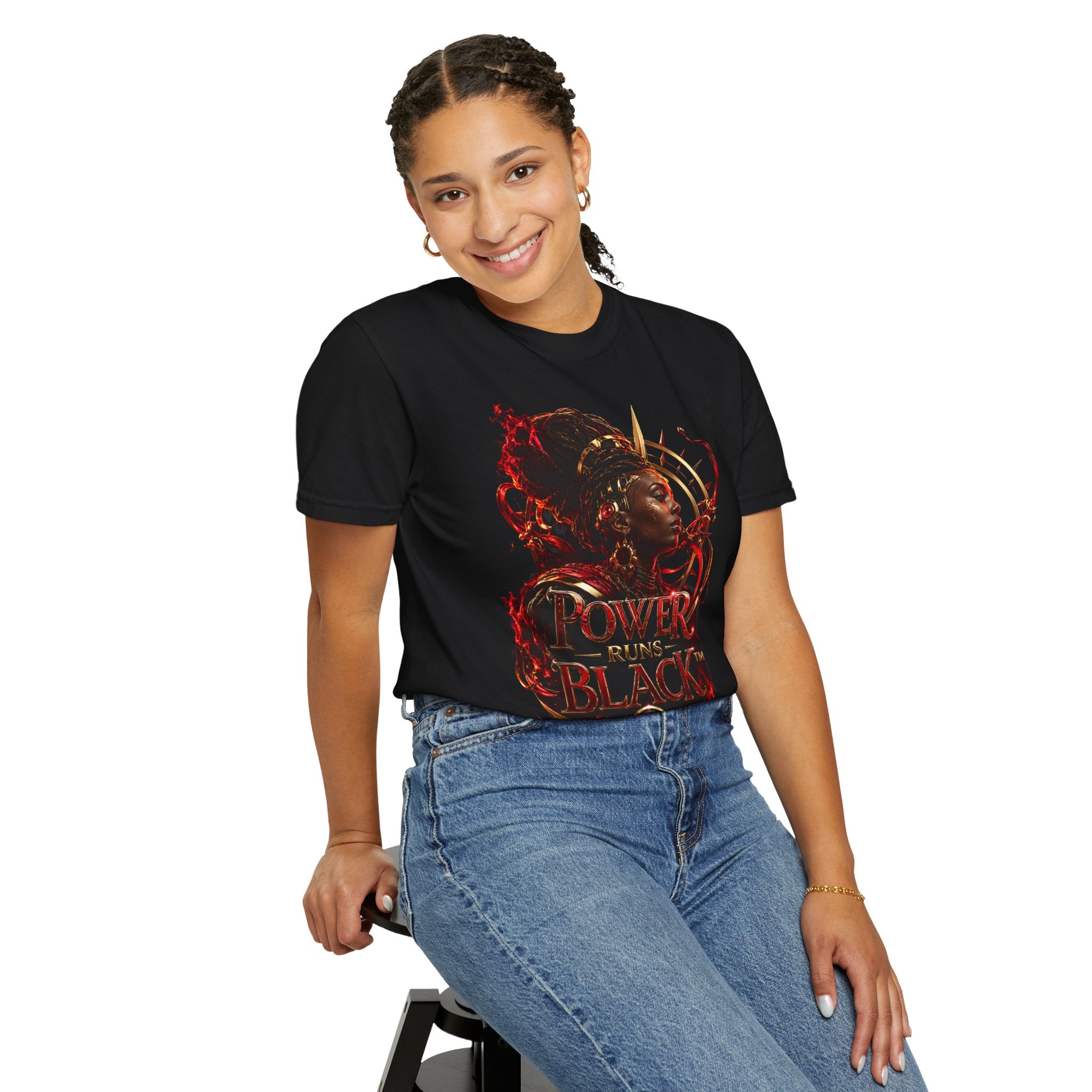 Power Runs Black T-Shirt — Afrocentric Crowned Goddess Graphic Tee by Printify