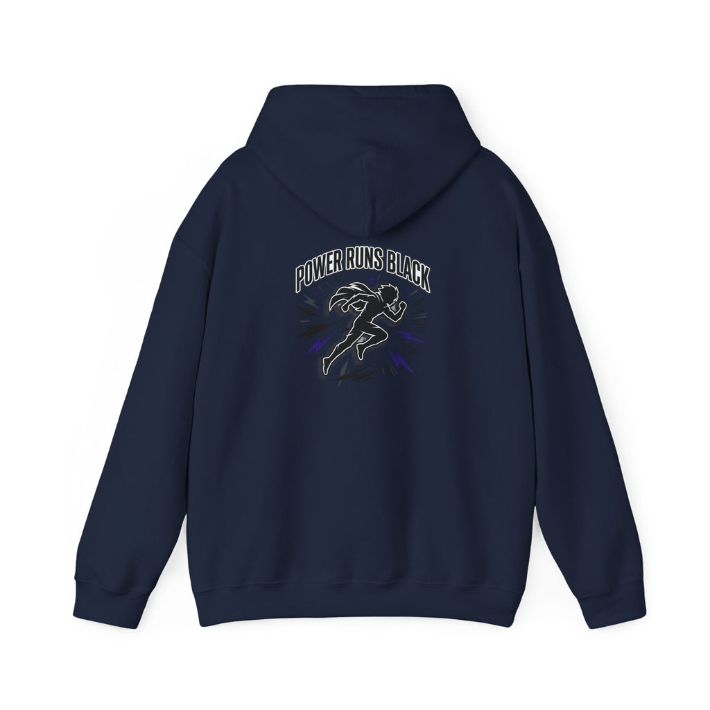 Power Runs Black Hoodie — Bold Graphic Athletic Streetwear by Printify