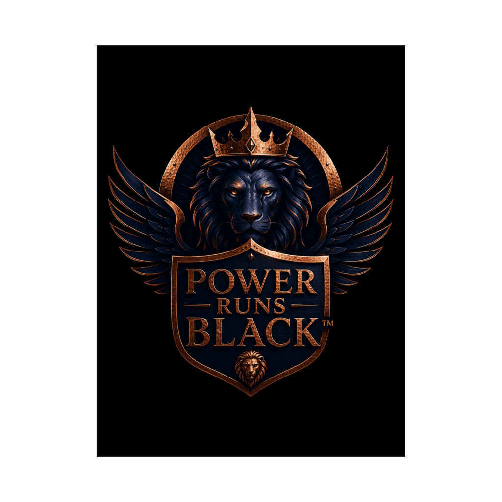 Power Runs Black Matte Poster — Regal Lion Crest Wall Art by Power Runs Black