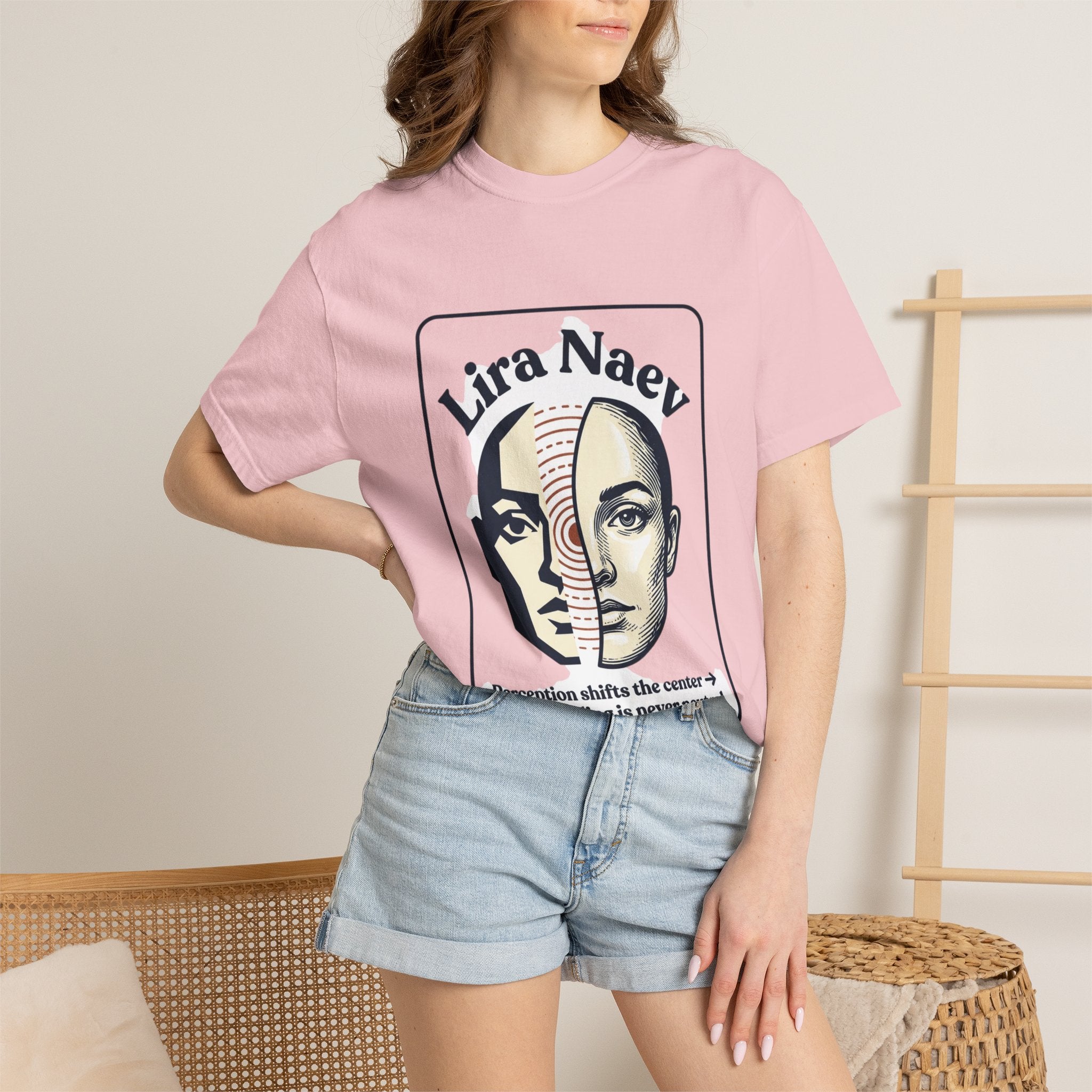 Power Runs Black PRB Lira Naev Split-Face Graphic T-Shirt — “Perception shifts the center” Statement Tee by Printify