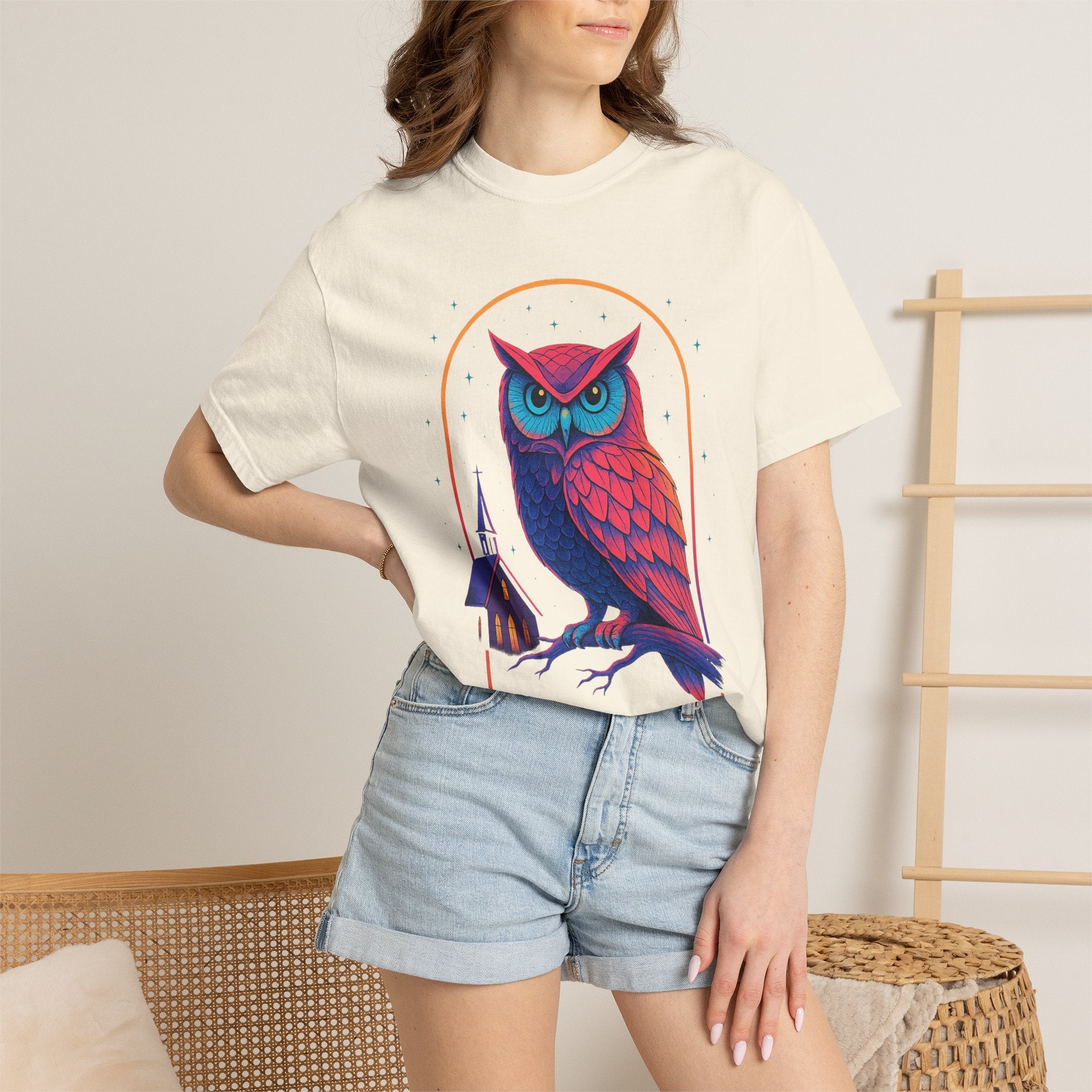 Neon Owl Illustration T-Shirt | Night Church Graphic Tee by Printify