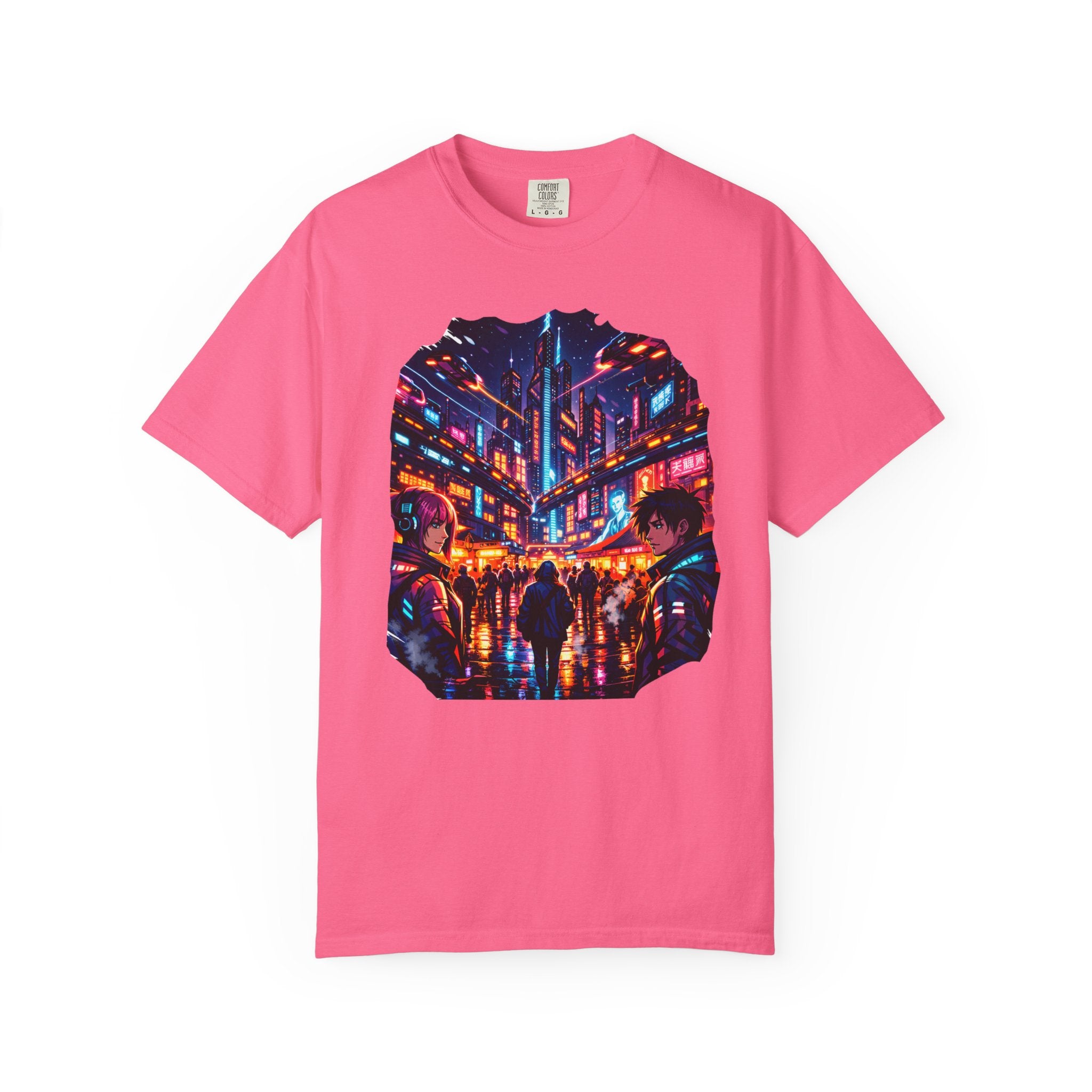 PRB Neon Cyberpunk Cityscape T-shirt | Anime Night Rain Streets by Power Runs Black