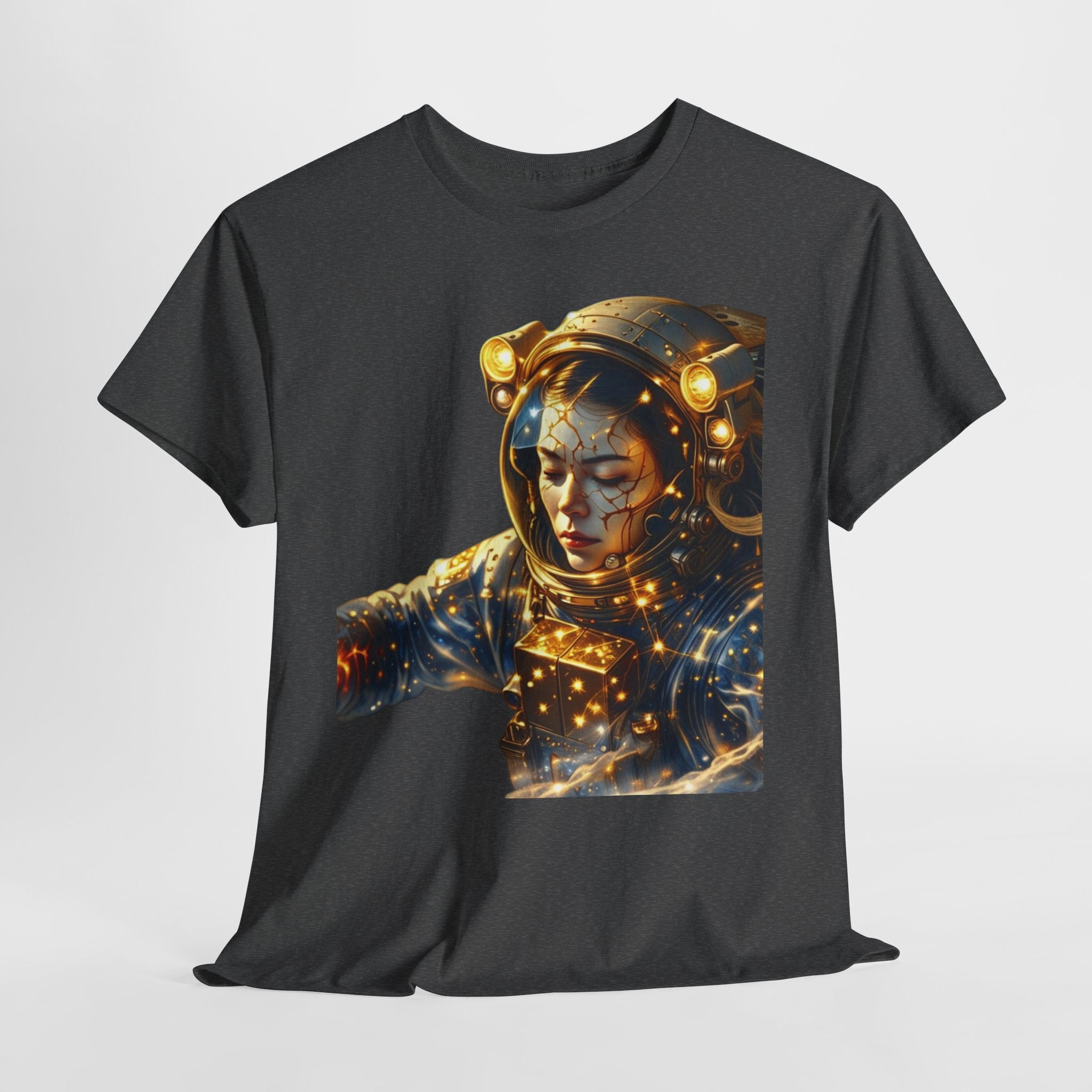 Power Runs Black PRB Golden Astronaut Portrait T-Shirt | Space Helmet Art, Cosmic Lights by Printify