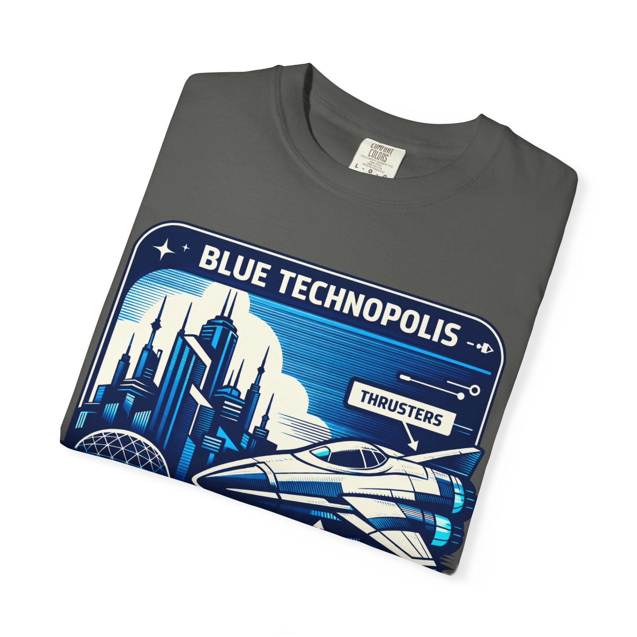 Power Runs Black PRB Technopolis Spacecraft T-Shirt — Blue Technopolis Retro Sci‑Fi Tee by Printify