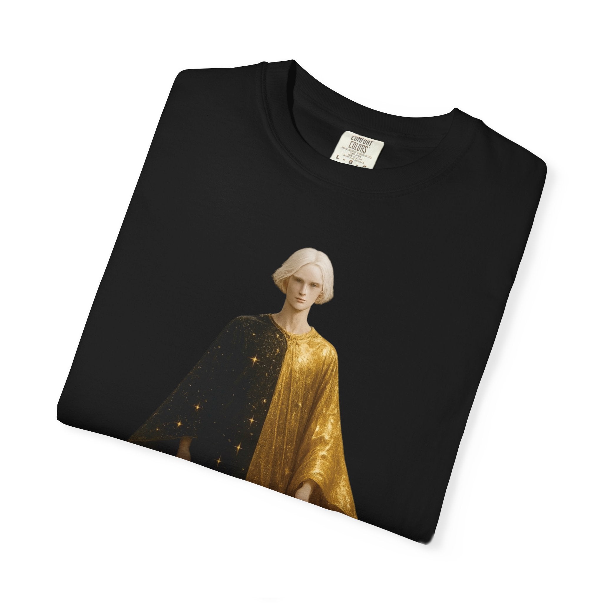 Power Runs Black PRB Twelfth Golden Cloak Figure T-Shirt | Surreal Angelic Portrait by Power Runs Black
