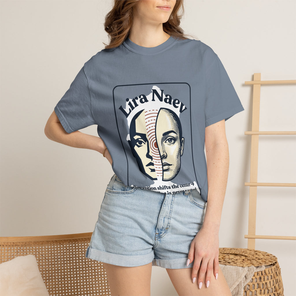 Power Runs Black PRB Lira Naev Split-Face Graphic T-Shirt — “Perception shifts the center” Statement Tee by Printify