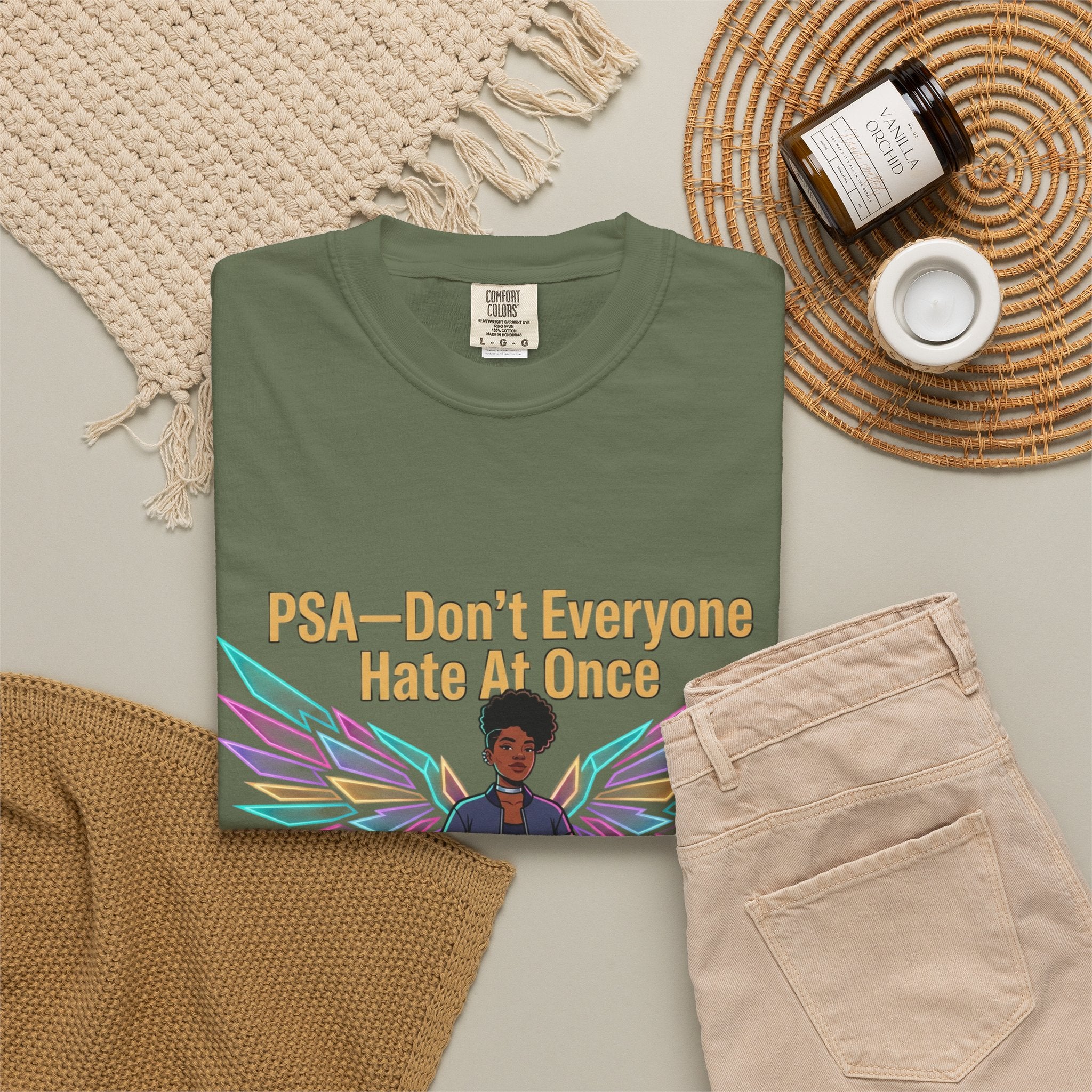 T-Shirt — PSA “Don't Everyone Hate At Once” Angel Wings Graphic Tee by Printify