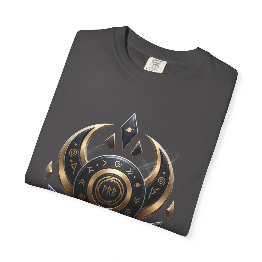 Power Runs Black Mystic Compass Disc T-Shirt — Geometric Gold & Black Emblem Tee by Printify