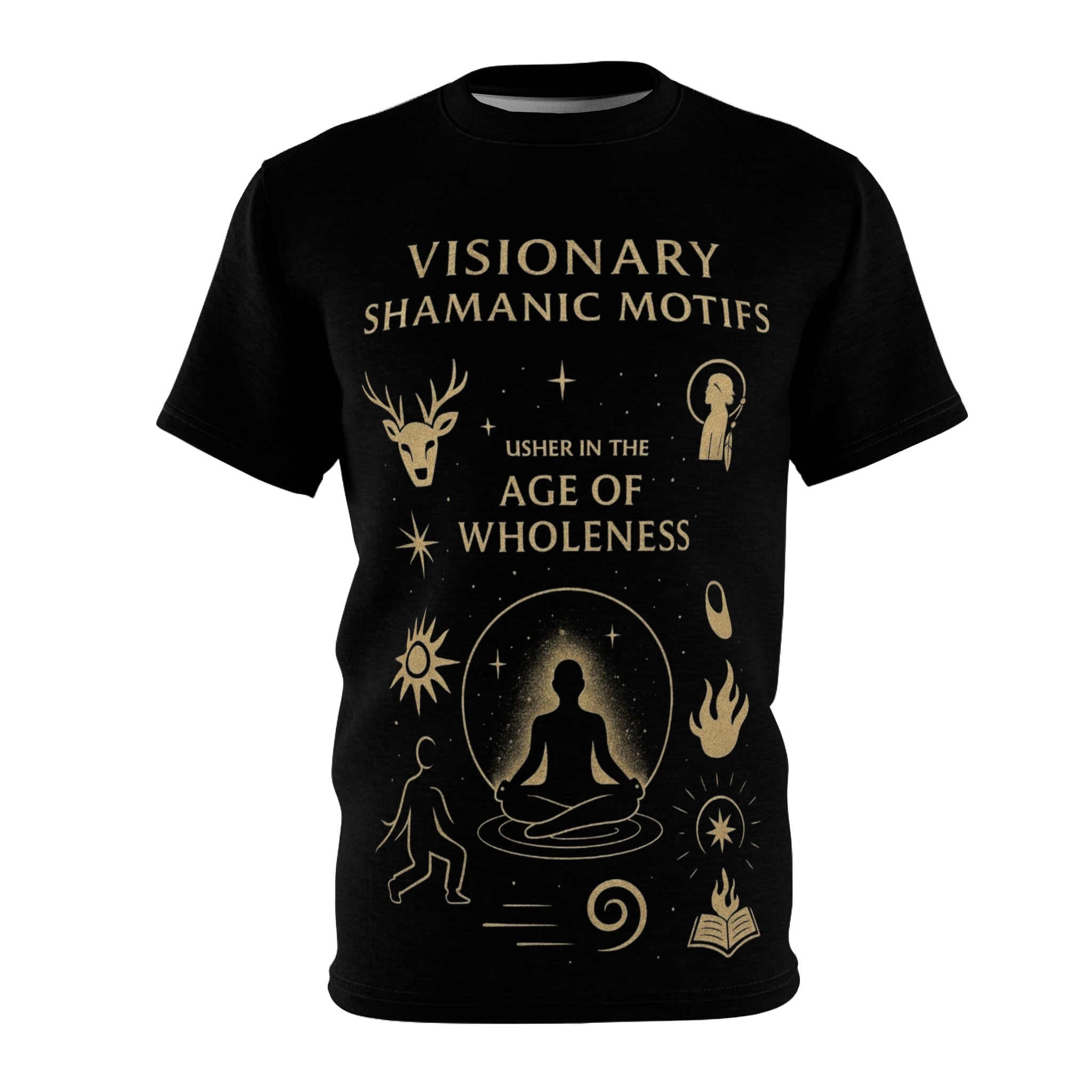 PRB Age of Wholeness meditation symbols Tee | shamanic motifs, celestial design by Power Runs Black