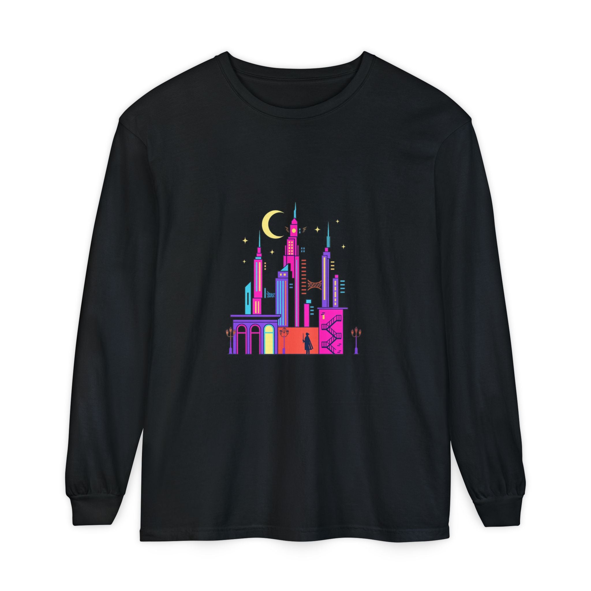 PRB Neon City Skyline Long Sleeve Shirt | Urban Nightscape Illustration by Power Runs Black