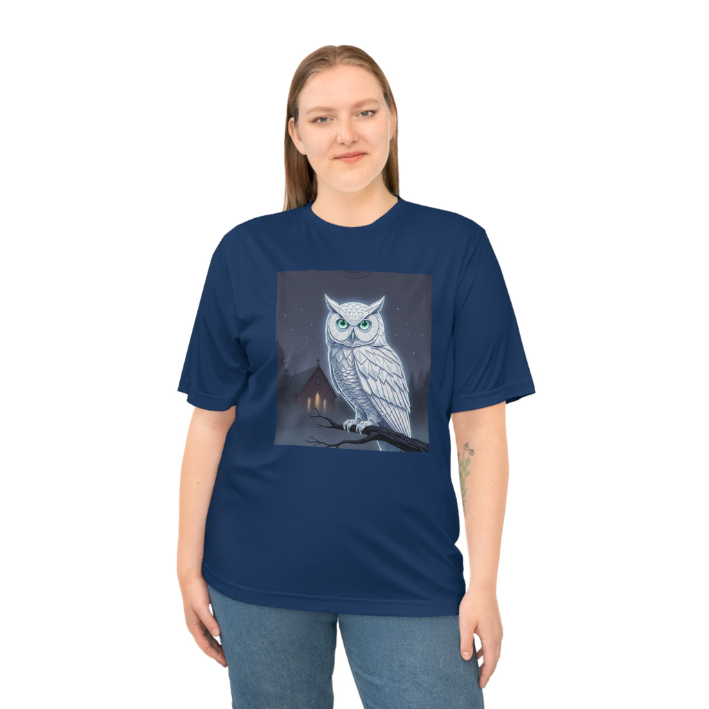 PRB White Snowy Owl Illustration T-shirt | Moonlit Night, Cabin Scene by Printify