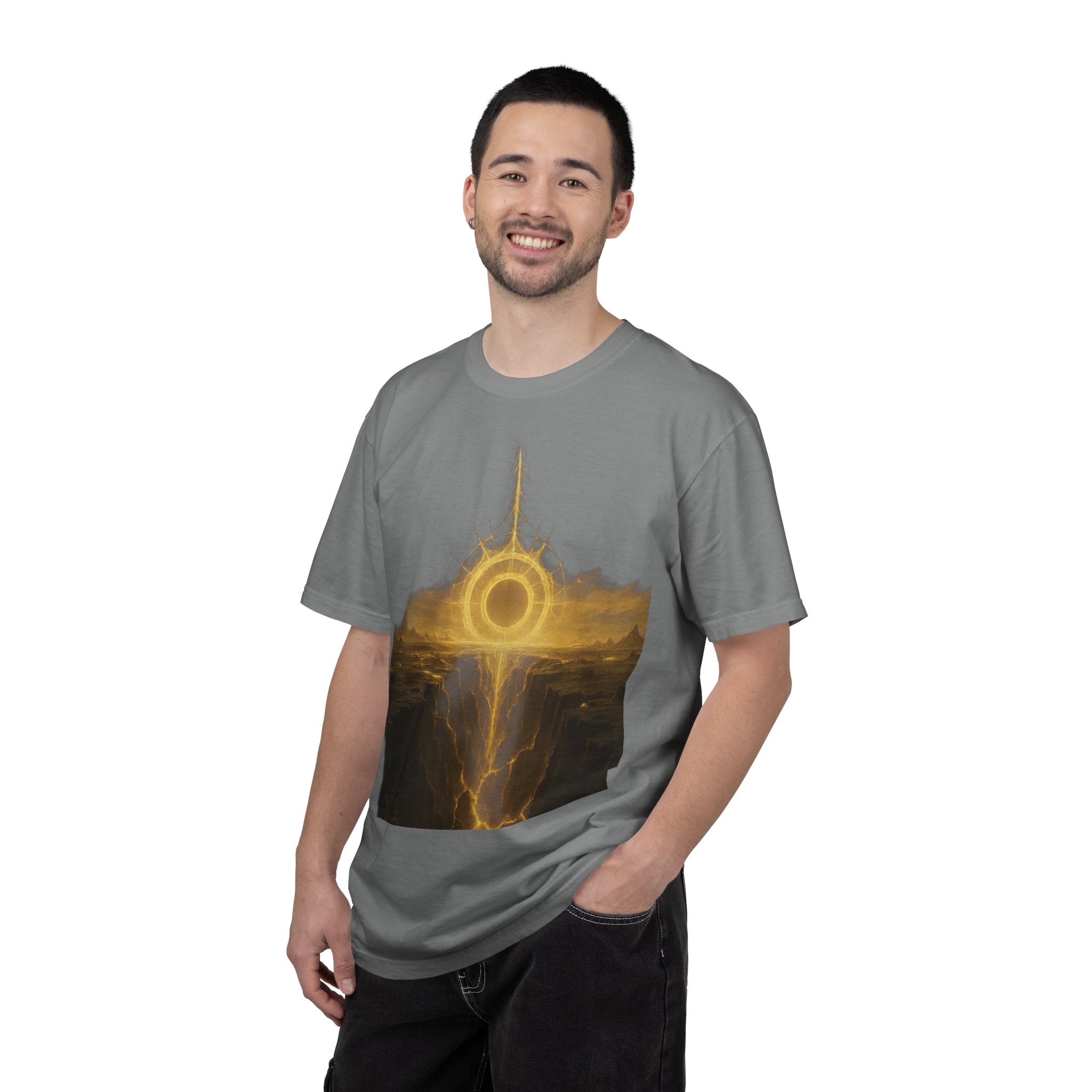 Power Runs Black PRB Golden Eclipse Portal T-shirt | Fantasy Landscape, Mystic Ring, Tower Art by Power Runs Black