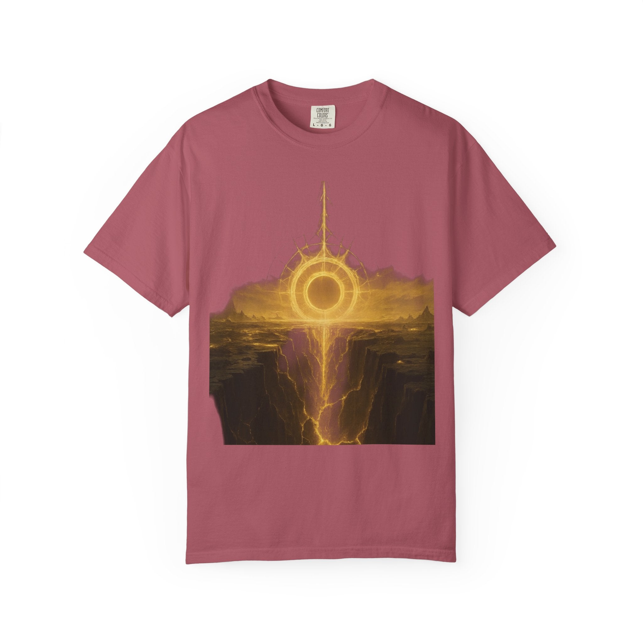 Power Runs Black PRB Golden Eclipse Portal T-shirt | Fantasy Landscape, Mystic Ring, Tower Art by Power Runs Black