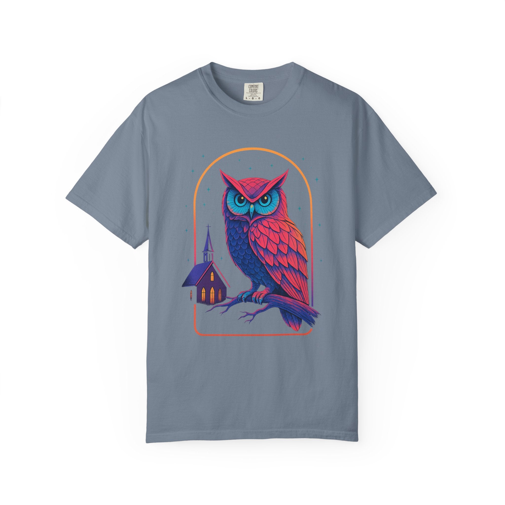 Neon Owl Illustration T-Shirt | Night Church Graphic Tee by Printify