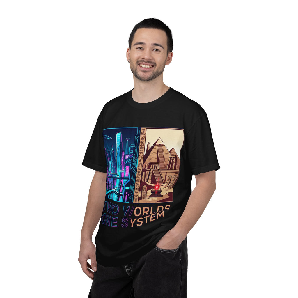 Power Runs Black PRB Blue Technopolis/ Red Dominion Two Worlds One System T-Shirt by Power Runs Black