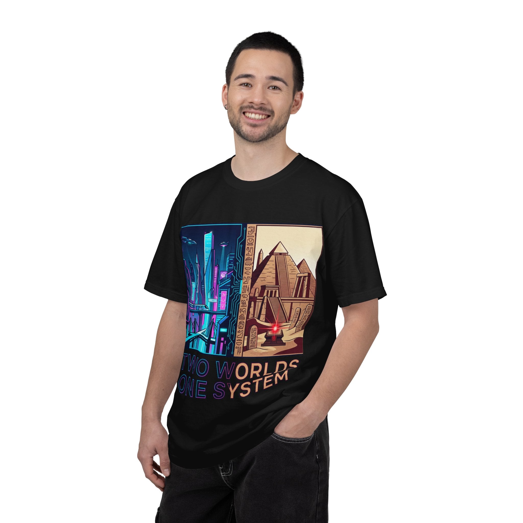 Power Runs Black PRB Blue Technopolis/ Red Dominion Two Worlds One System T-Shirt by Power Runs Black