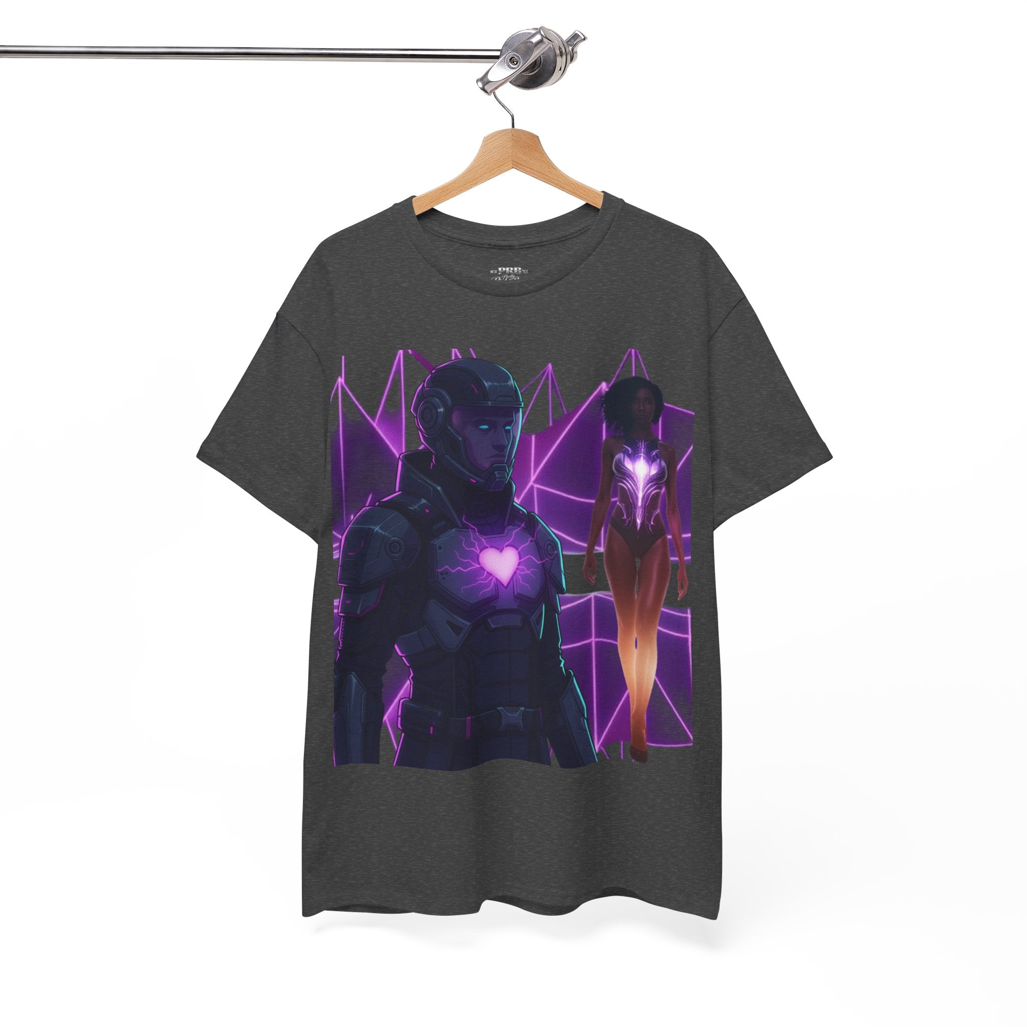Power Run Black PRB Pretty Rich Bitch The Collection Purple Heart Cyberpunk Knight T-Shirt | Futuristic Armor Sci‑Fi Tee by Printify