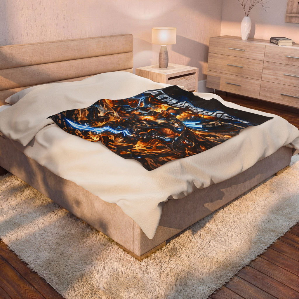 Power Runs Black Starforged Flex Velveteen Plush Blanket — Sci‑Fi Warrior Graphic Throw by Power Runs Black