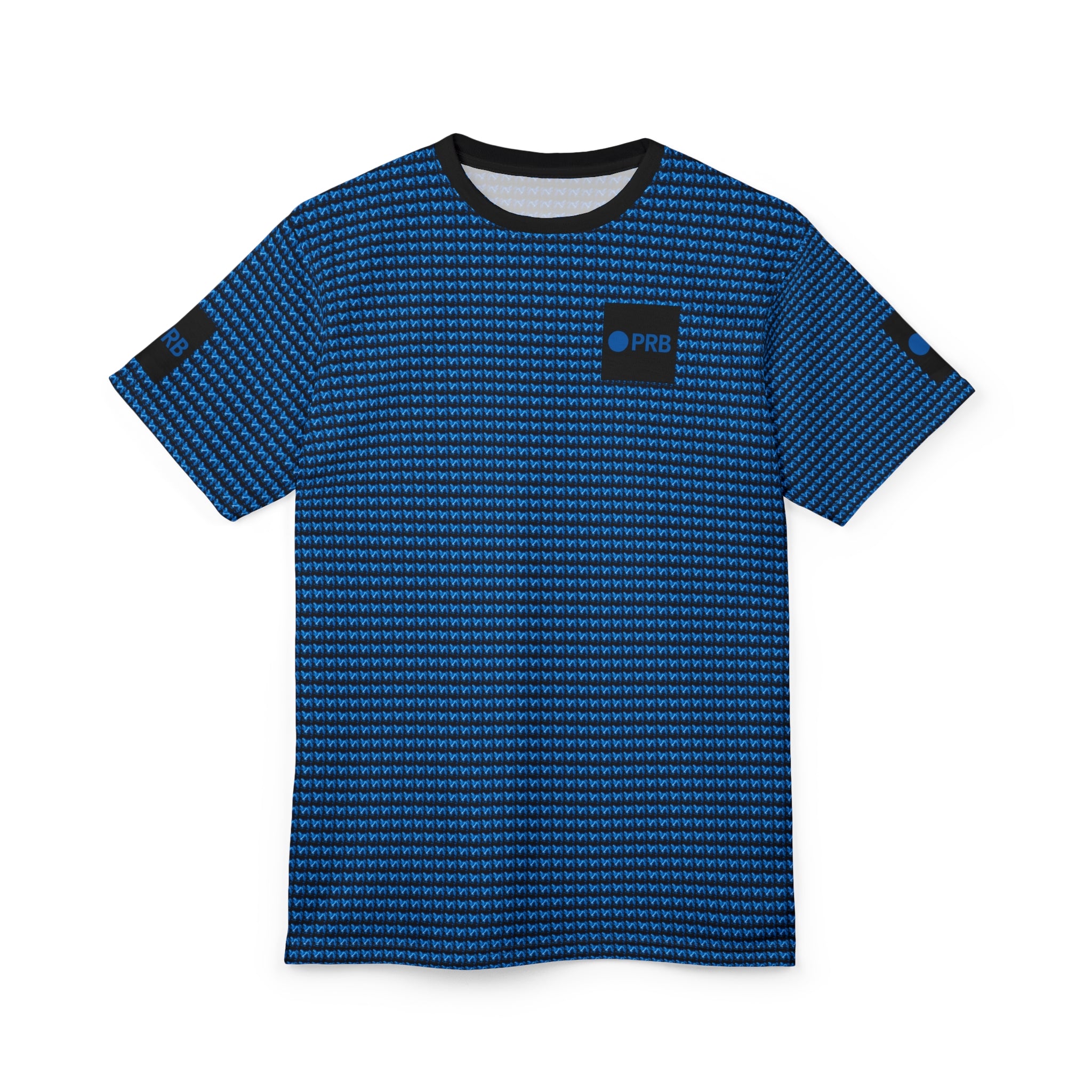 Blue Geometric Knit Pattern Tee | All-Over Print Shirt by Power Runs Black