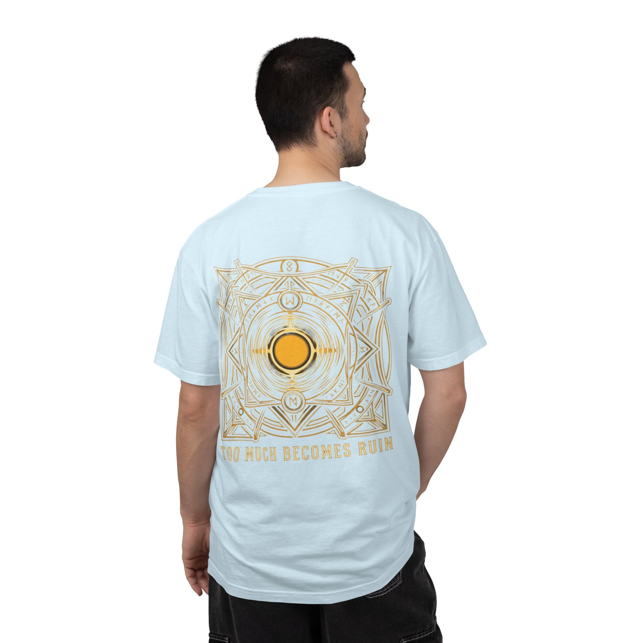 Power Runs Black PRB — Veyra Kain Geometric Sigil Tee with “Too Much Becomes Ruin” Graphic T-Shirt by Printify