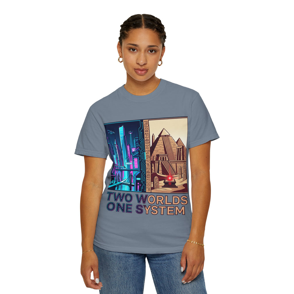 Power Runs Black PRB Blue Technopolis/ Red Dominion Two Worlds One System T-Shirt by Power Runs Black