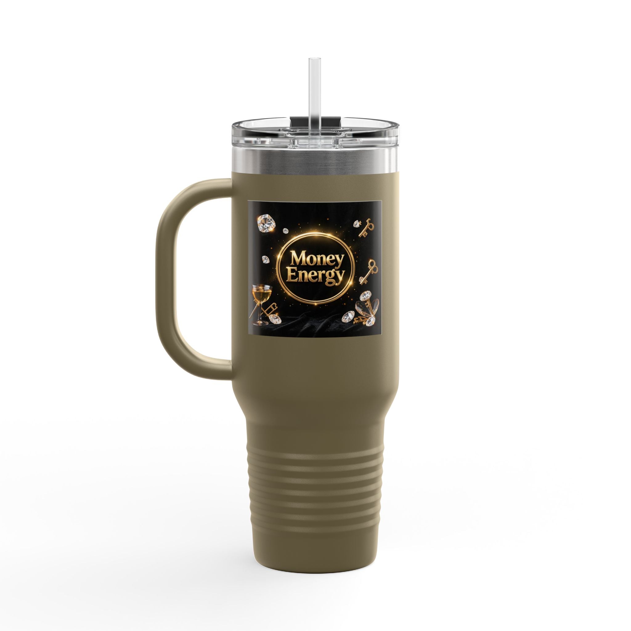 PRB 40oz Insulated Travel Mug — "Money Energy" Motivational Design by Printify