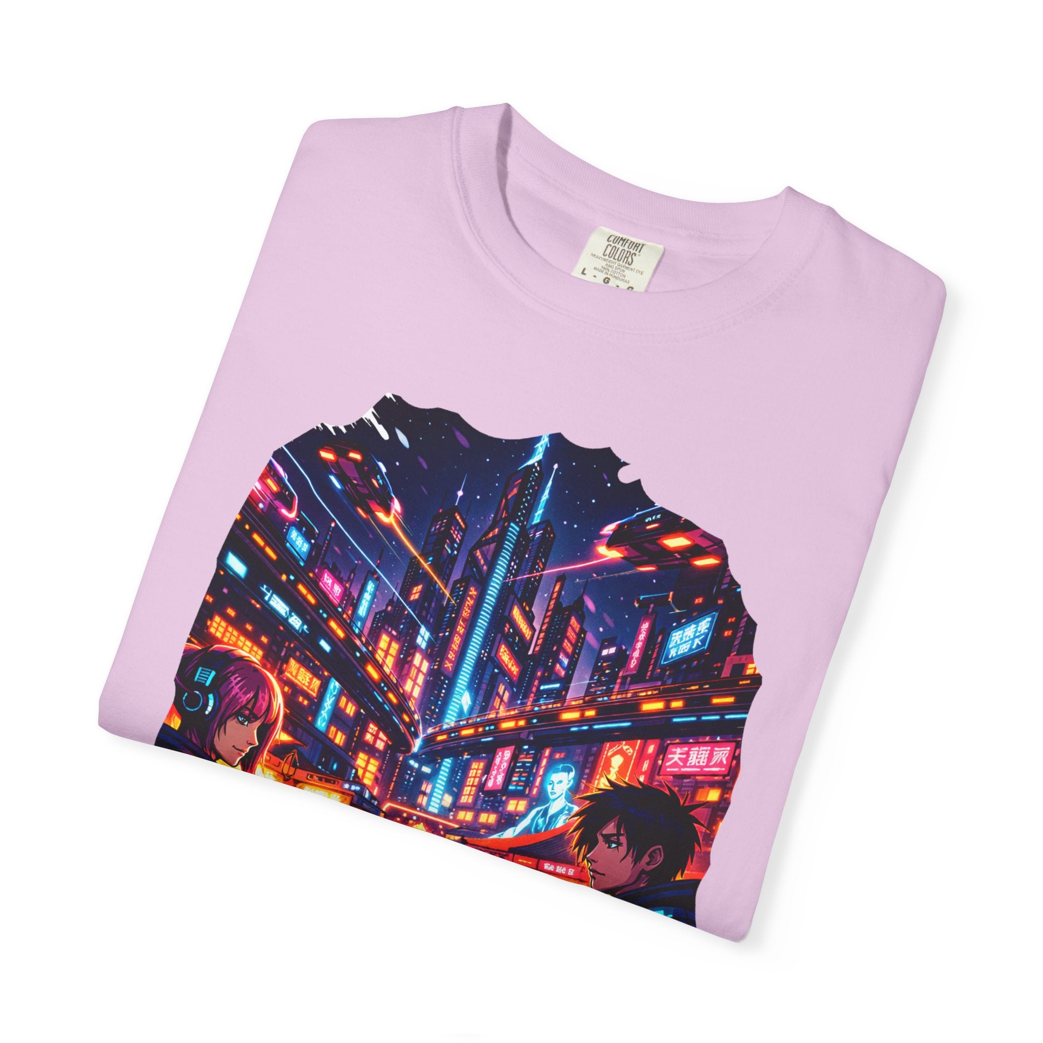 PRB Neon Cyberpunk Cityscape T-shirt | Anime Night Rain Streets by Power Runs Black
