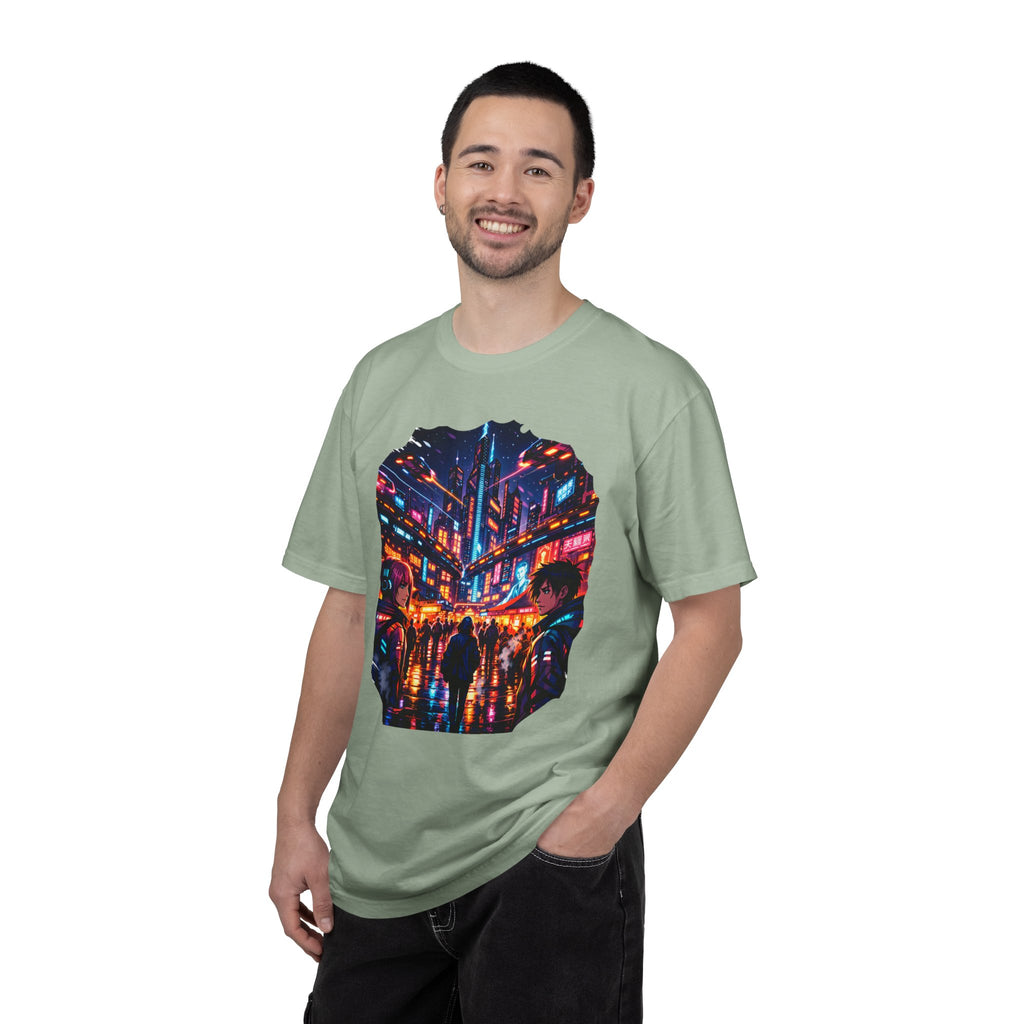 PRB Neon Cyberpunk Cityscape T-shirt | Anime Night Rain Streets by Power Runs Black
