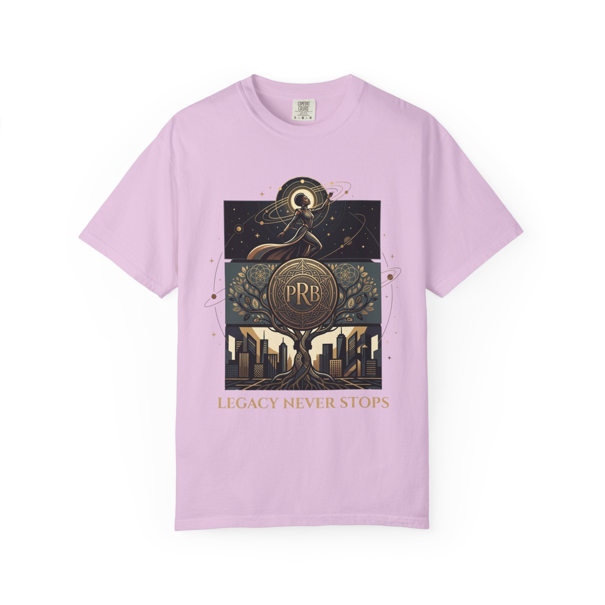 PRB Legacy Never Stops Graphic T-Shirt | Art Deco City Skyline Tee by Printify