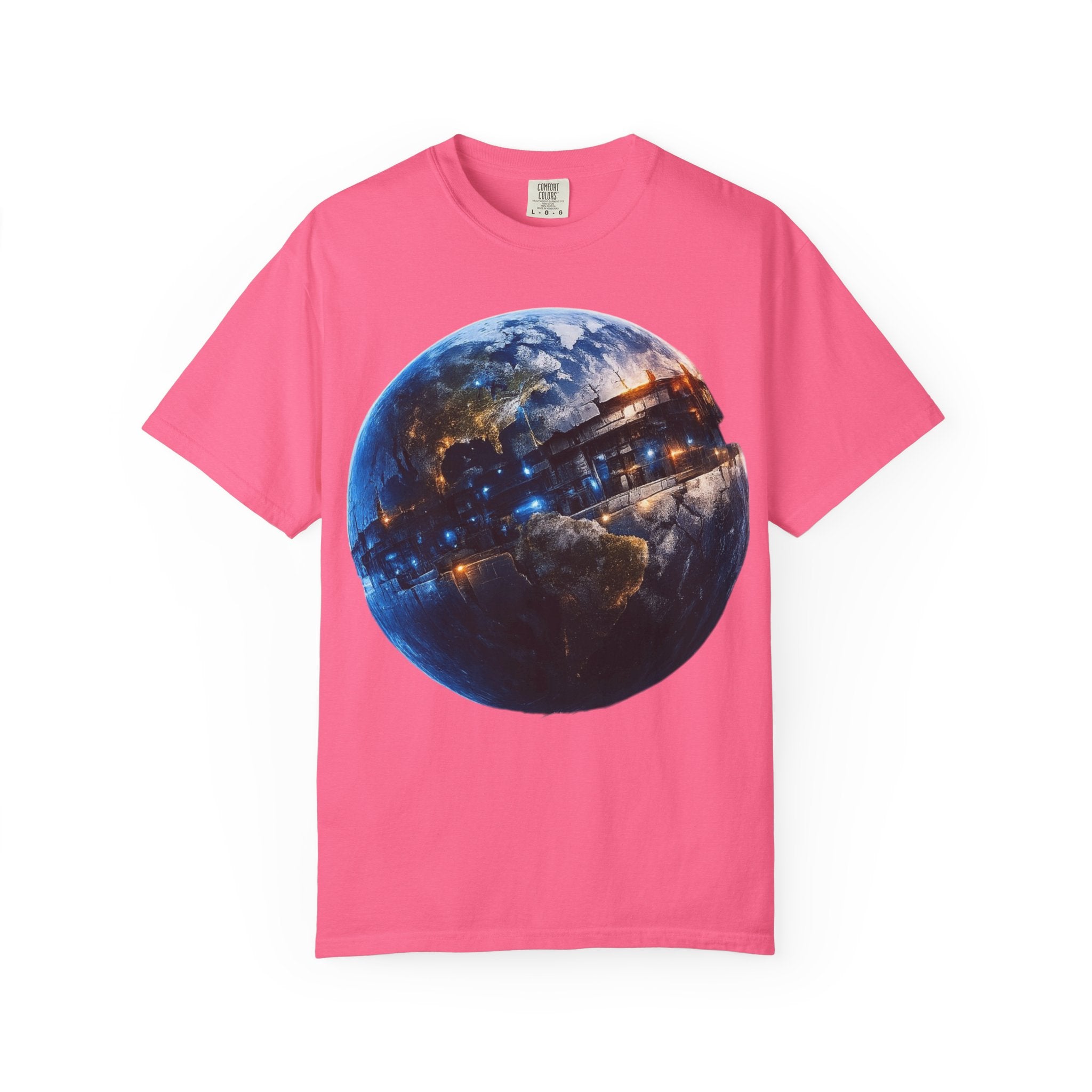 PRB Cityscape Globe T-shirt | Nighttime Earth Illustration, Urban Lights by Power Runs Black