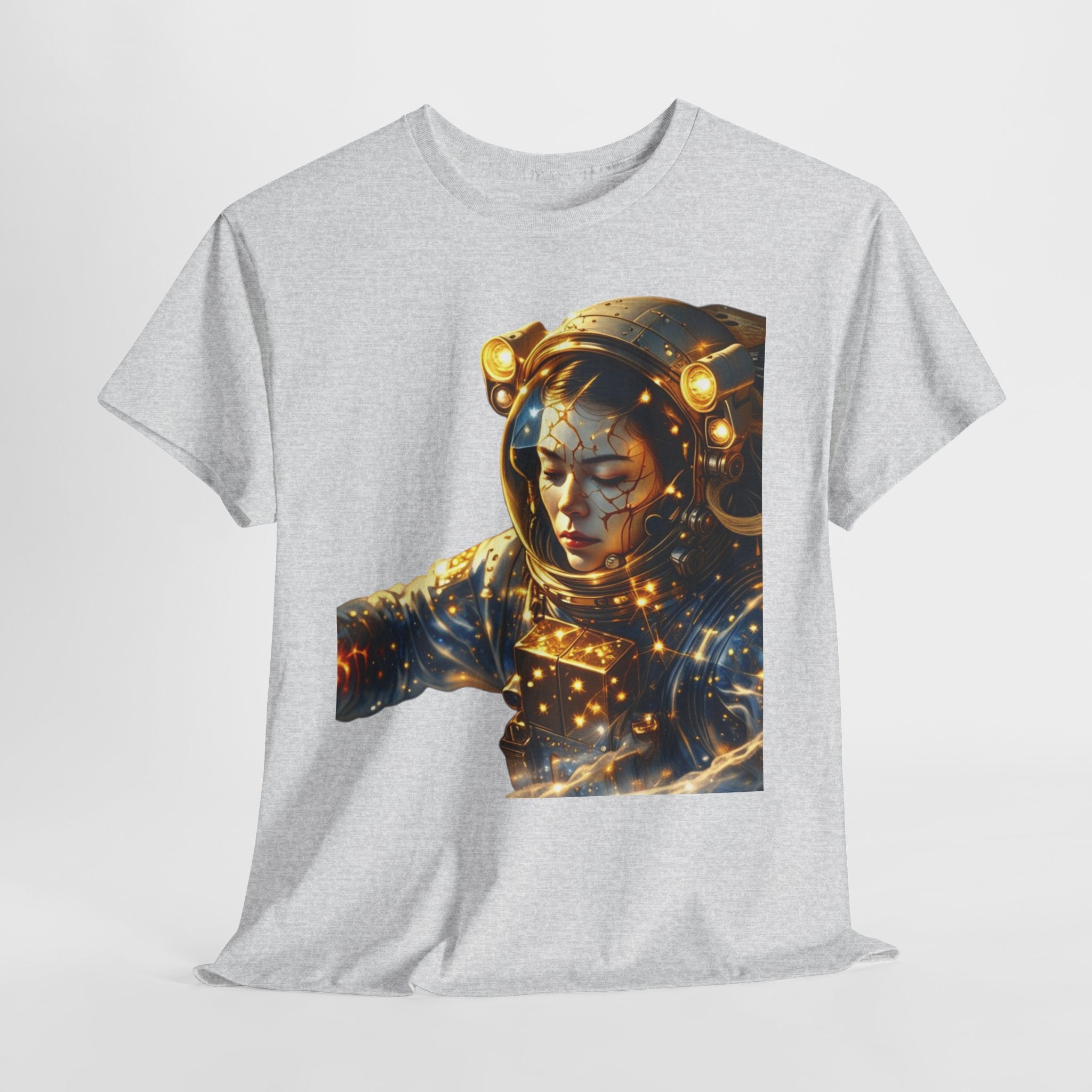 Power Runs Black PRB Golden Astronaut Portrait T-Shirt | Space Helmet Art, Cosmic Lights by Printify